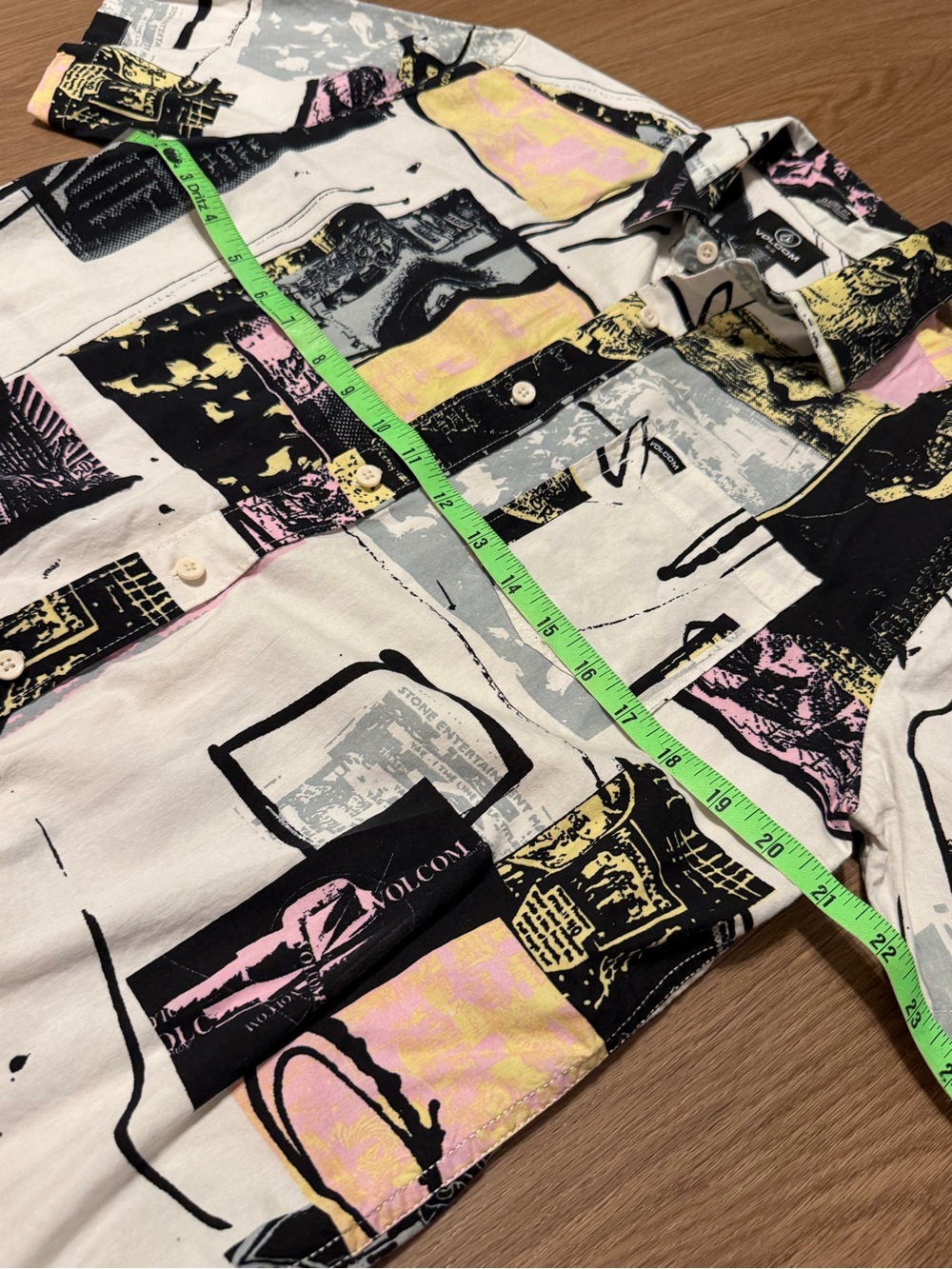 Volcom Cream Short-Sleeve Button-Up with Black, Pink & Yellow Abstract Print - Picture 3 of 9